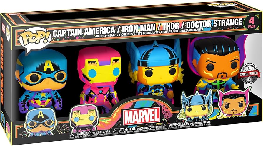 Funko Pop! Marvel Blacklight Captain America / Iron Man / Thor / Doctor Strange 4 Pack Special Edition